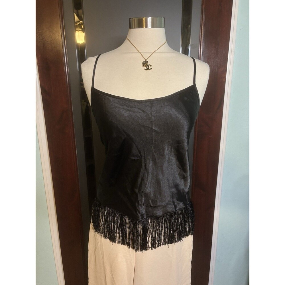 NEW Linea Donatella Camisole Black Satin Tank Fringe Size XL Sexy Top #52